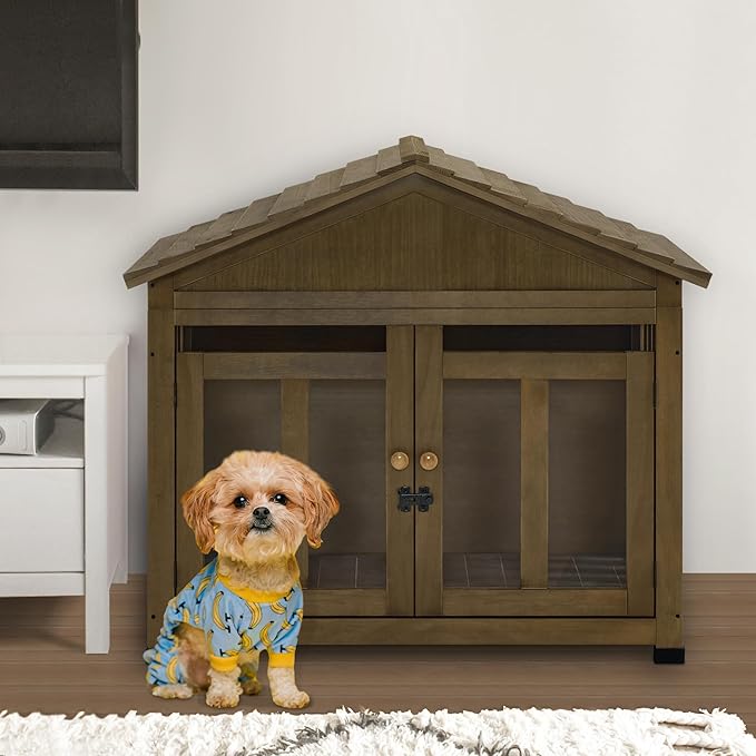 MCombo Wooden Dog House Furniture, Solid Wood Pet Kennel Indoor for Small/Medium Dogs, JD54 (Brwon, Medium)