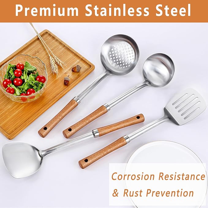 Pleafind 4-Pcs Cooking Utensils Set, Stainless Steel Kitchen Utensils with Wooden Hanlde, Kitchen Essentials Set Include Wok Ladle, Slotted Spoon, Wok Spatula and Slotted Spatula, Dishwasher Safe