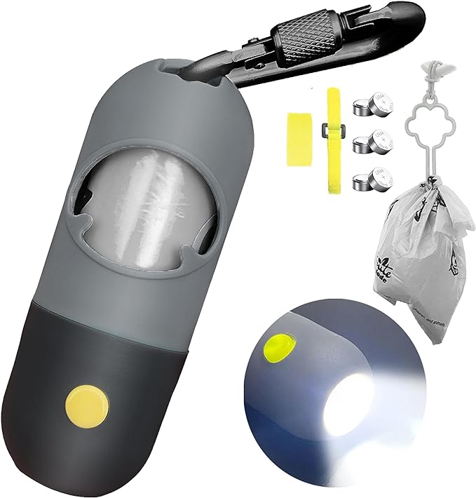Dog Poop Bag Dispenser with Built-in LED Flashlight and Metal Clip for Leash, Pet Waste Bag Holder, Dog Walking Accessory (Black)