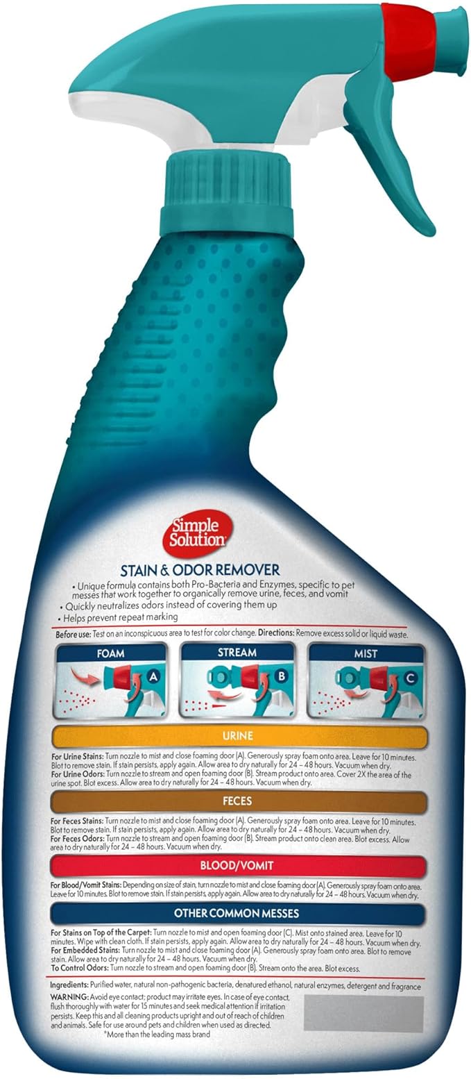 Simple Solution Stain & Odor Eliminator for Pets, Carpet Deodorizer, Enzyme Pet Odor Eliminator for Home, Stain Remover for Cat & Dog Pee, Urine Destroyer, Carpet Cleaner Spray, 32 oz