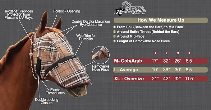 Kensington Signature Fly Mask with Removable Nose — Protects Horses Face and Nose from Biting Insects and UV Rays While Allowing Full Visibility — Ears and Forelock Able to Come Through The Mask