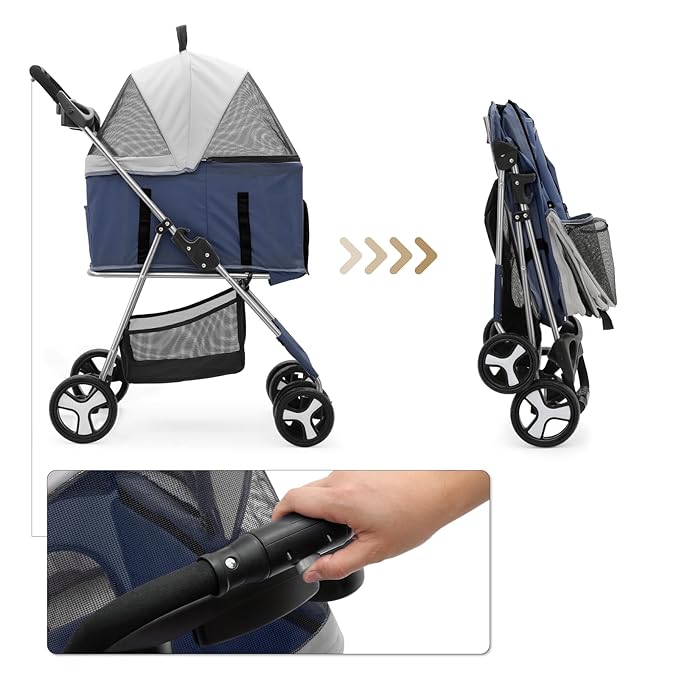MoNiBloom 3 in 1 Foldable Pet Stroller for Small & Medium Dogs, Detachable Carrier, Car Seat, Push Button Entry, 4-Wheel Jogger for Pets up to 33 lbs, Navy Blue