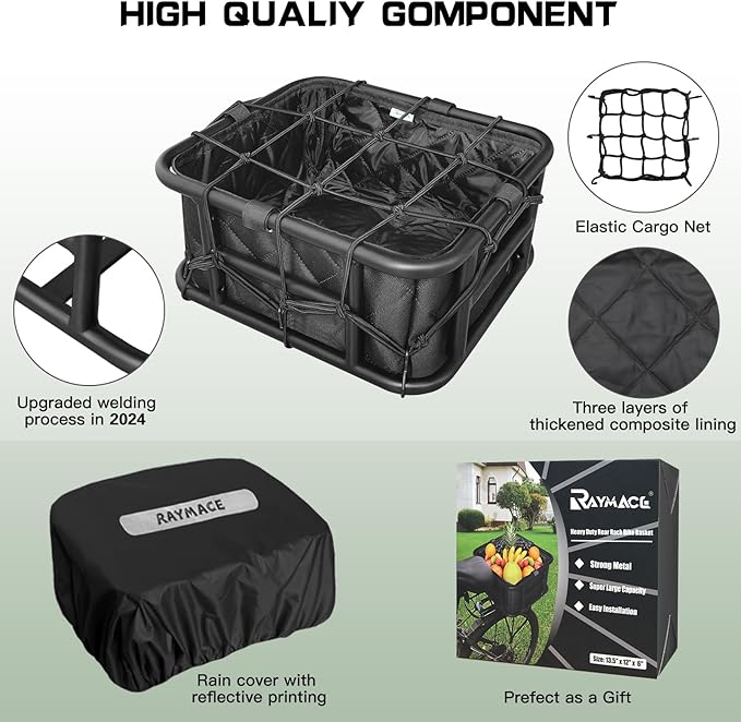 RAYMACE Rear Rack Bike Basket with Cargo Net and Liner Large Bicycle Basket Perfect Mount for Electric Bike