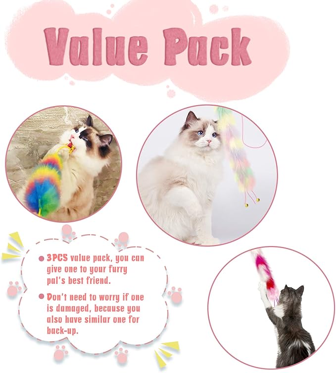 3 Pack Cat Wand Toy, Rainbow Cat Feather Toys with Bells, Teaser Wand with Soft Furry Tail, Interactive Toys for Indoor Cats & Kitten & Kitty
