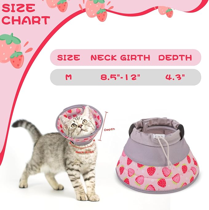 EXPAWLORER Cat Recovery Cone Collar- Soft Adjustable Pet Collar for After Surgery, Waterproof Elizabethan Protective Collar, Stop Licking Donut for Small Medium Kittens (Strawberries M (8.5-12 in))
