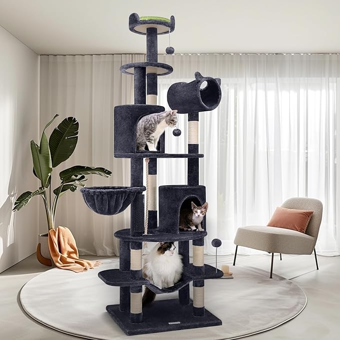 Globlazer Artistic Curved Cat Tower for Small Cats (Under 12 lbs), 81-inch Slim Design Cat Tree with Space-Saving Design, Indoor Cat Condo with Hammock & Tunnel, C81, Dark Gray, Non-Large Cats