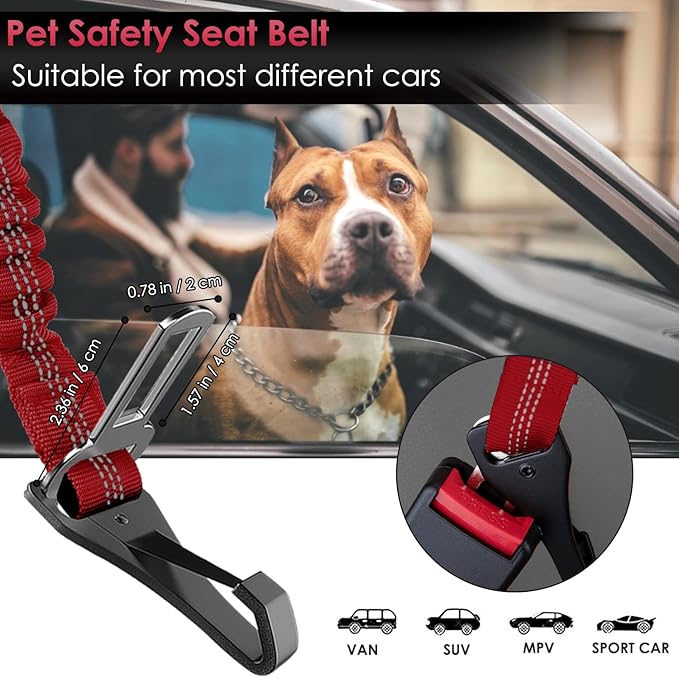 SlowTon Dog Seat Belt, Adjustable Dog Safety Belt Leash, 2 in 1 Latch Bar Attachment Dog Car Seatbelt with Elastic Nylon Bungee Buffer, Reflective Nylon Belt Tether(Red 35.5in)