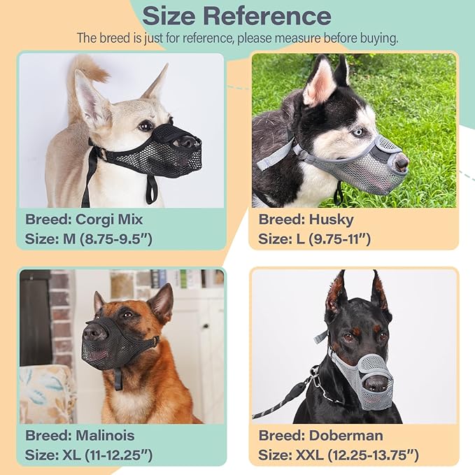LUCKYPAW Dog Muzzle for Large Medium Small Dogs, Patented Mesh Muzzle to Prevent Biting Chewing Eating, Soft Mouth Guard with Front Opening Design for Drinking Panting(Grey, XL)