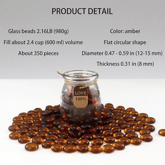 2.16LB Glass Beads Vase Filler Aquarium Gravel Decor Flat Glass Marbles Gems Pebbles Fish Tank Rocks Home Decorative Art Craft - Amber