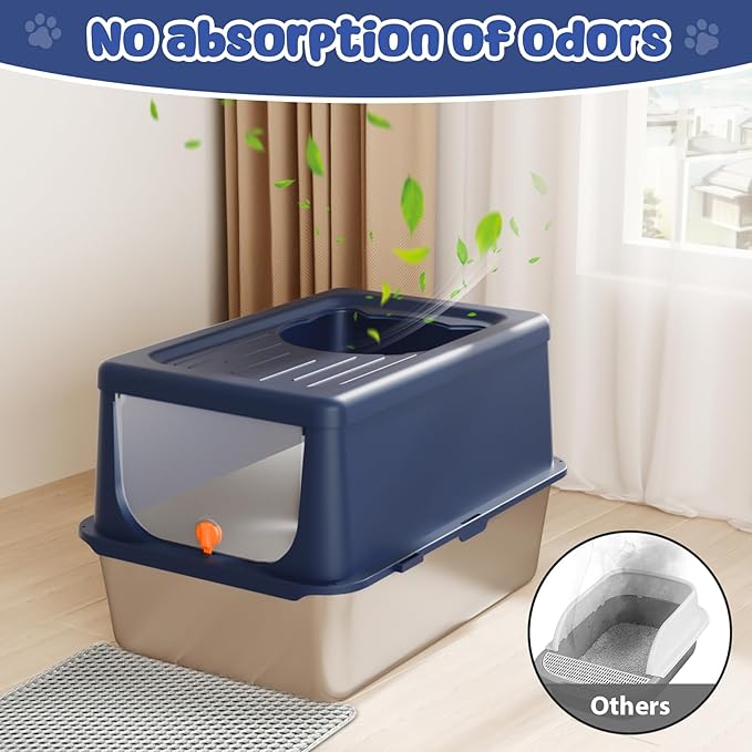 Litter Box with Lid, Stainless Steel Litter Box XL, 14" H Metal Cat Box with High Sides Wall Enclosure, Cat Pan, Non-Sticky, Easy Clean, Anti-Leakage, Blue