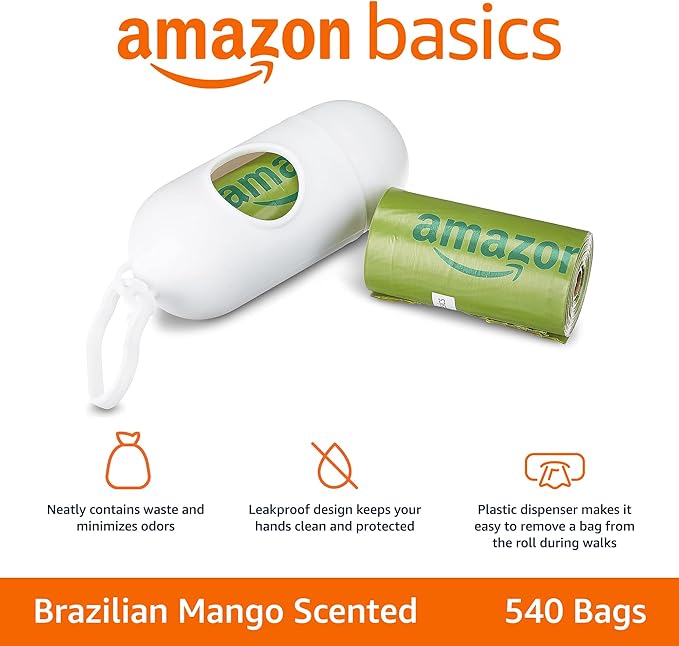 Amazon Basics Dog Poop Bags with Dispenser, 540 Count, Enhanced for Guaranteed Leakproof, Brazilian Mango Scented, Includes Leash Clip