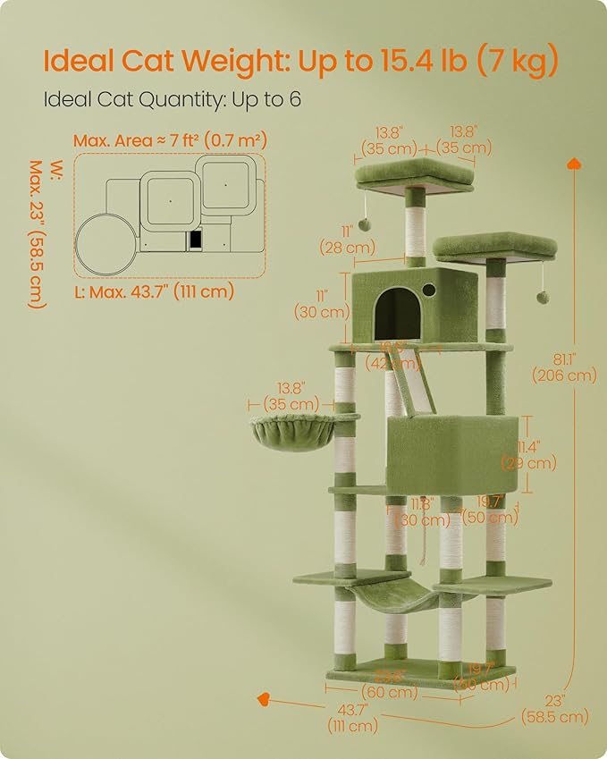Feandrea Cat Tree, 81.1-Inch Large Cat Tower with 13 Scratching Posts, 2 Perches, 2 Caves, Basket, Hammock, Pompoms, Multi-Level Plush Cat Condo for Indoor Cats, Green UPCT190C01