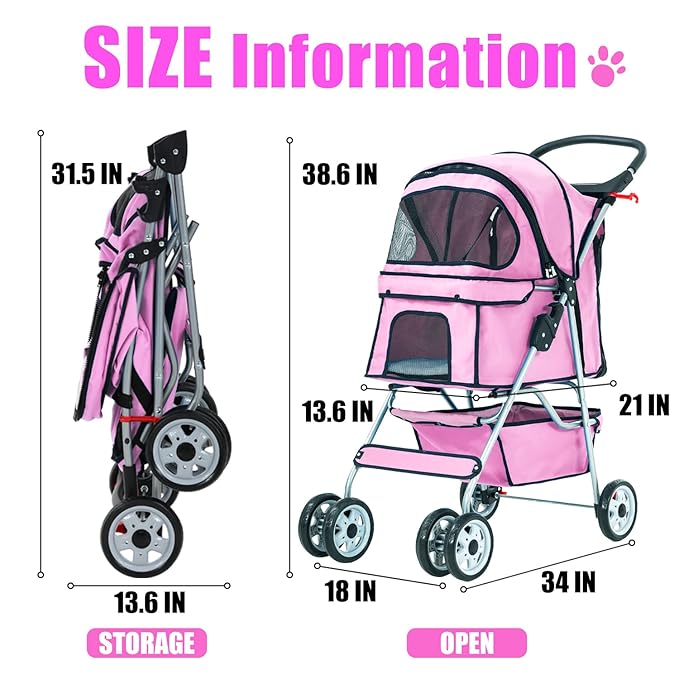 Dog Stroller, Folding 4 Wheels Pet Stroller for Small Medium Dog Cat Travel Carrier with Weather Cover Storage Basket Cup Holders Pink