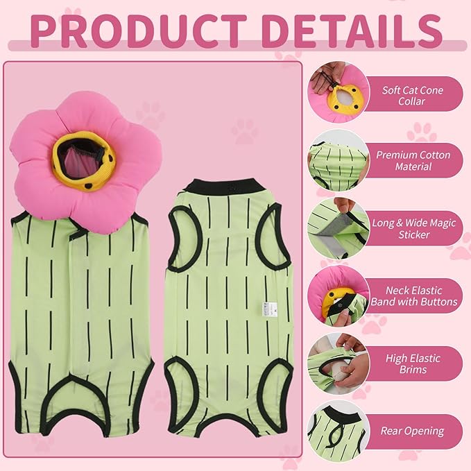 EMUST Cute Cat Recovery Suit and Adjustable Flower Cone Collar Set - Soft Surgical Suit for Abdominal Wounds, Cat Cones After Surgery for Female Kittens Under 4lb (Green)