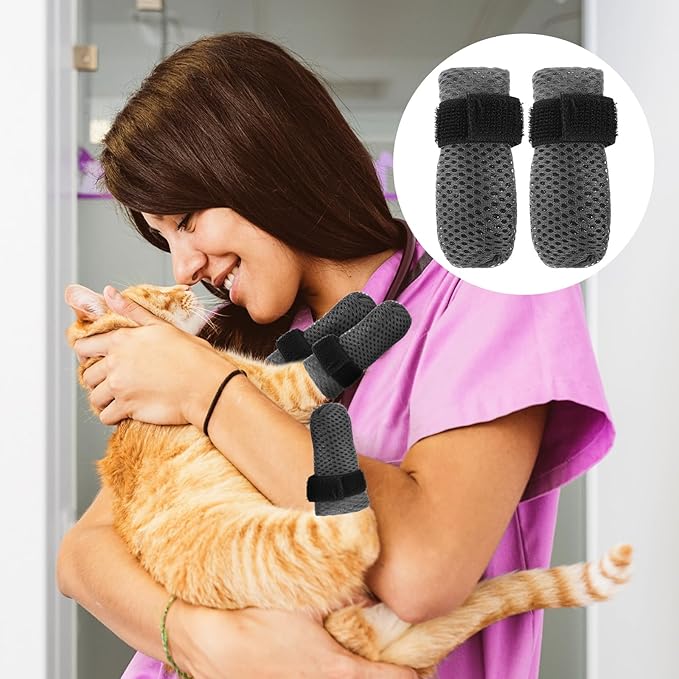 4Pcs Cat Shoes, 3.62×1.57 Inches Anti Scratch Cat Mittens, Breathable Mesh Nail Caps for Cats Claws, Adjustable Cats Claw Covers for Pet Bathing Feeding Cutting Nails(Gray)