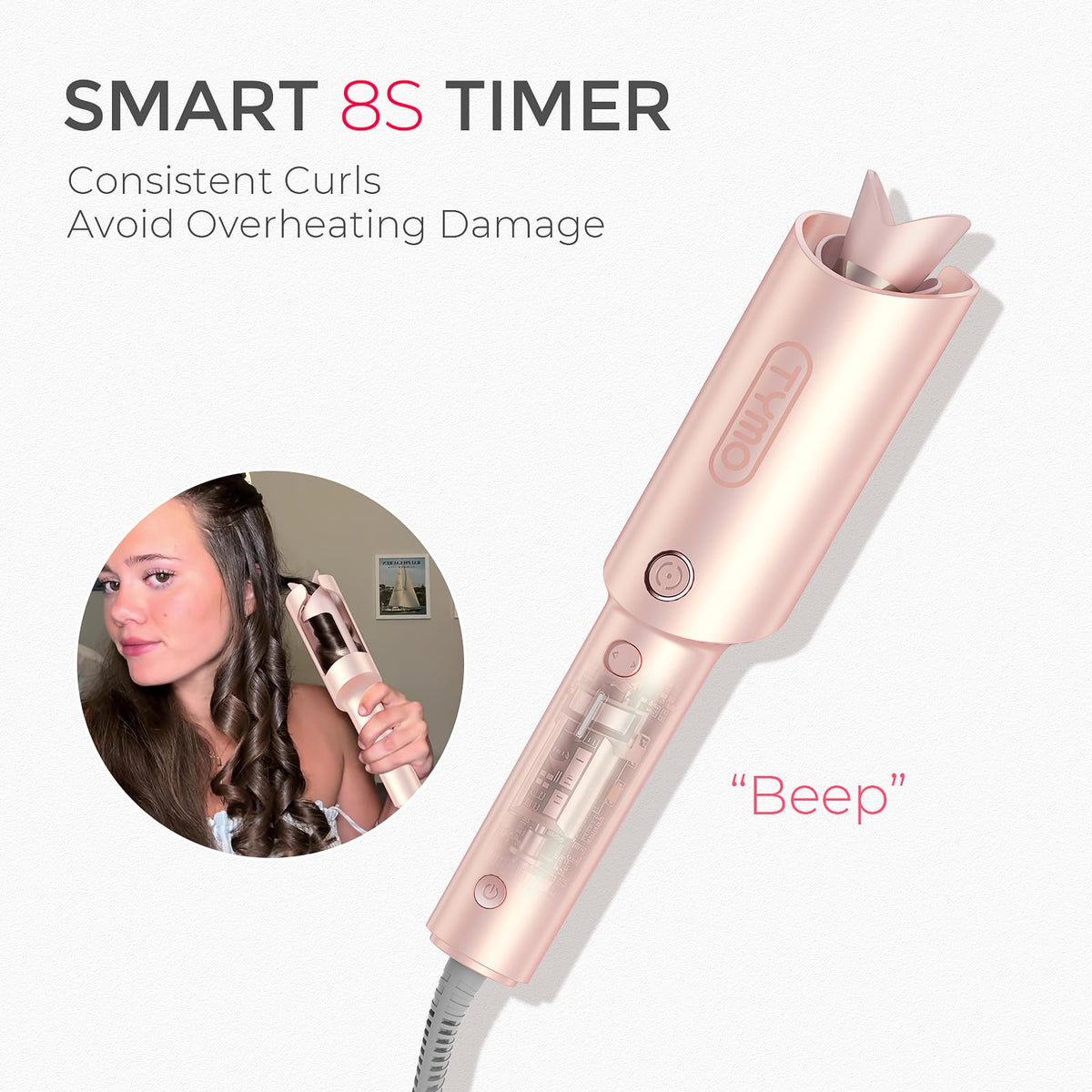 TYMO Automatic Rotating Curling Iron - TYMO CURLPRO Beach Waves Curling Wand, Portable Hair Curler, 500 Million Ionic, Dual Voltage & Lightweight for Travel, Ceramic Coating, 1 Inch, Pink