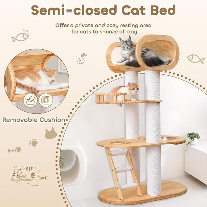 63'' Tall Modern Cat Tree for Indoor Cats, Luxury Cat Tree, Multi-Level Wood Climb Tower for Large Cat, Heavy Duty Kitty House with Transparent Bowl, Large Perches with Removable Cushion