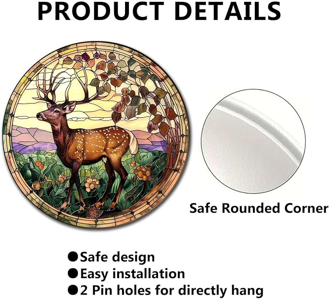 Lygond Metal Sign Tin Sign Circular Stained Glass Deer Vintage Sign for Restaurant 8×8 Inches