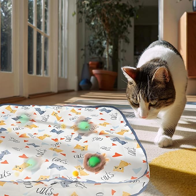 Rocfish Interactive Cat Toys Ball - Automatic Fast Rolling Ball in Play Mat, Hide and Seek Mouse Catching Game, Low-Noise Cat Enrichment Toys in Pouch for Indoor Bored Cats (Green Toy & Square Mat)
