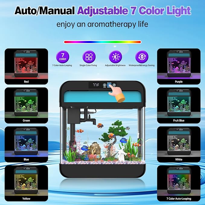 Fish Tank 2.2 Gallon Fish Aquarium with Music Humidifier 7 Color Auto-Looping Light Adjustable Water Pump with Filtration & Aeration & Circulation, Temperature Display, Bottom Water Changer