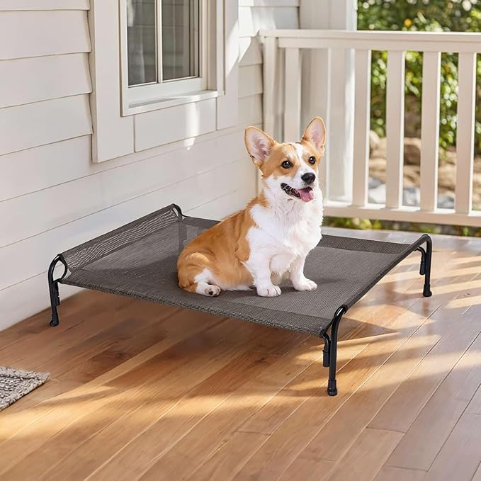 Veehoo Outdoor Elevated Dog Bed, Raised Dog Cot for Small Medium Dogs, Cooling Washable Waterproof Pet Hammock Beds with Slope Headrest, Breathable Mesh and Sturdy Frame, M, Brown, CWC2204