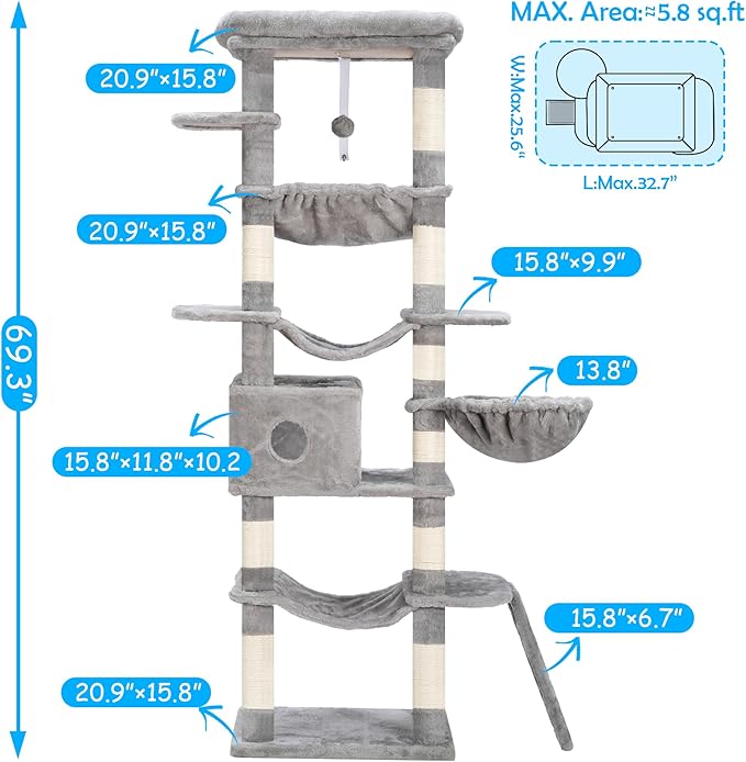 Hey-brother Cat Tree, 69.3-Inches Multi-Level Plush Cat Tower for Indoor Cats with Large Top Perch, Extra Spacious Hammock, 2 Hammocks Ramp, Hanging Ball, Light Gray MPJ037W