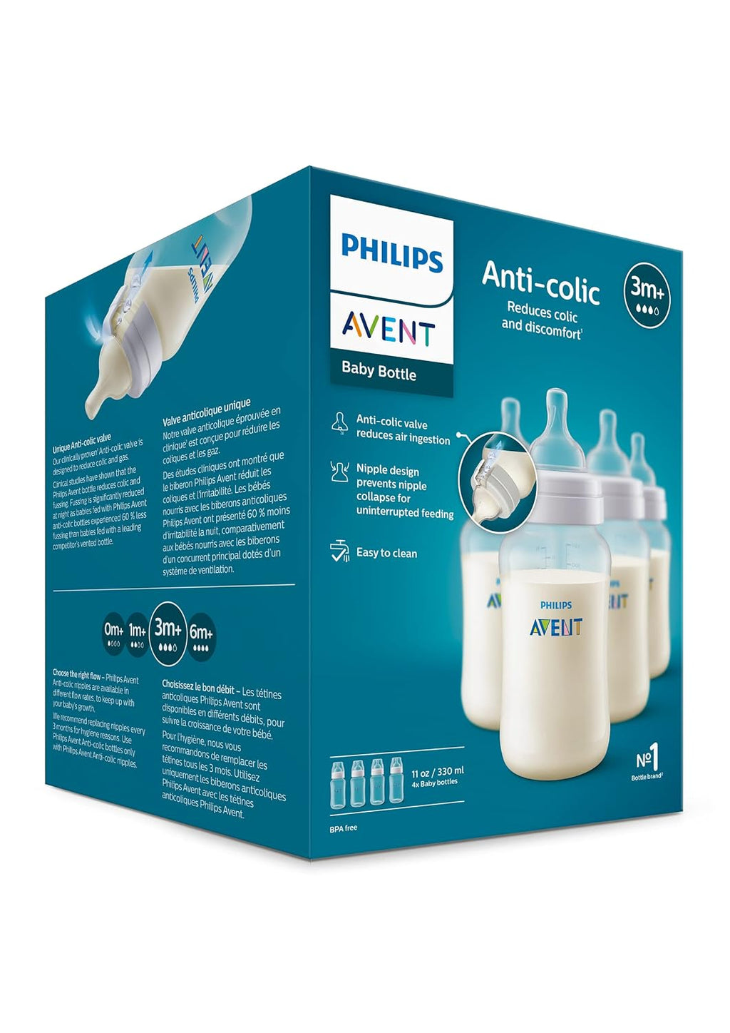 Philips Avent Anti-Colic Baby Bottle with AirFree Vent, Medium Flow 2 Nipple, 1m+, 9oz, 4 Pack, Pink, SCY703/14