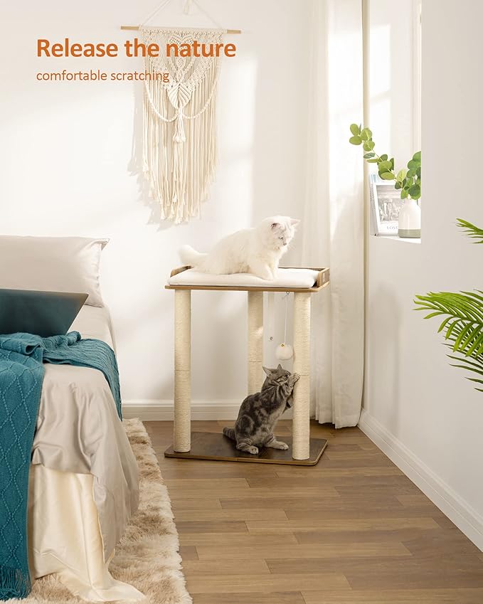 FourFurPets 26.7in Large Cat Tree Tower Condo, Cat Scratch Posts for Indoor Cats, Big Plate, Three 23.6in Full Sisal Scratching Posts, Rustic Brown