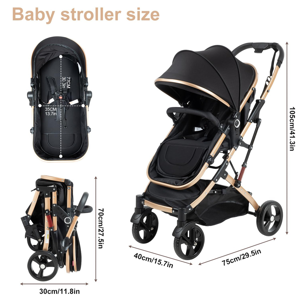 2 in 1 Baby Stroller Newborn Foldable Pushchair Folding High Landscape Infant Carriage,Toddler Pushchair Black Baby Stroller