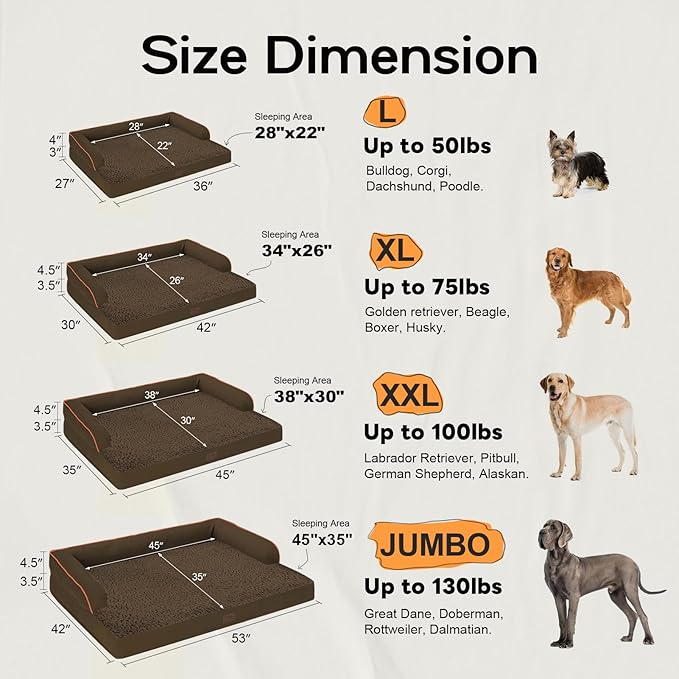 Large Dog Bed Orthopedic Washable - Beds Bolster - Extra Large Big Dogs - Waterproof with Removable Cover - Memory Foam Couch Sofa - Coffee Dog Bed