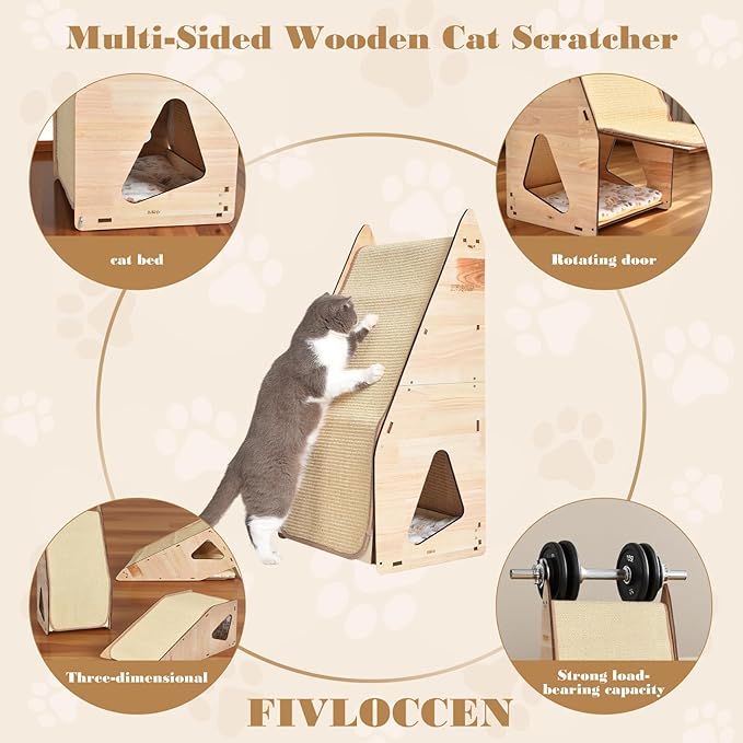24in Multi-Functional Cat Furniture: Sisal Scratching Posts & Sturdy 3D Wood Frame for Indoor Cats, Integrated Cat Condo Hideout Tunnel All-in-One Space Saver for Multi-Cat & Budget-Friendly