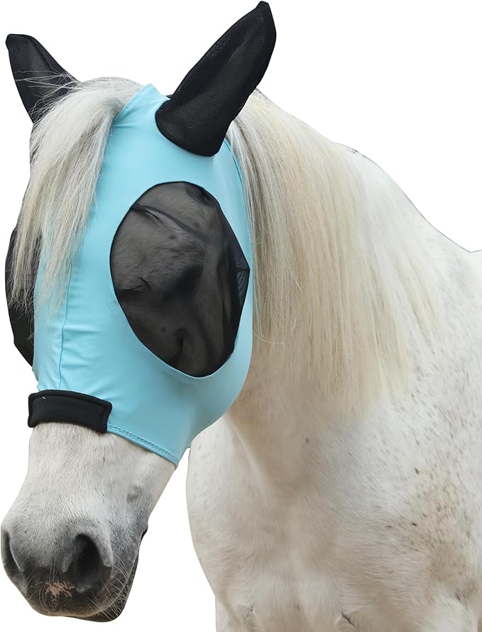 Horse Fly Mask with Ears - Large Eye Space for Full Vision, Breathable Stretch Comfort Fit, UV Protection, Forelock Opening, Easy Pull-On Paleblue Pony