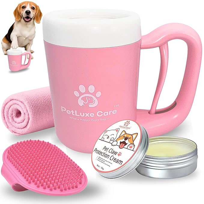 Dog Paw Cleaner for Small & Medium Dogs – Portable Paw Washer Cup with Soft Silicone Brush, Towel & Moisturizing Balm – Gently Cleans Muddy Paws After Walks (Pink, Medium)