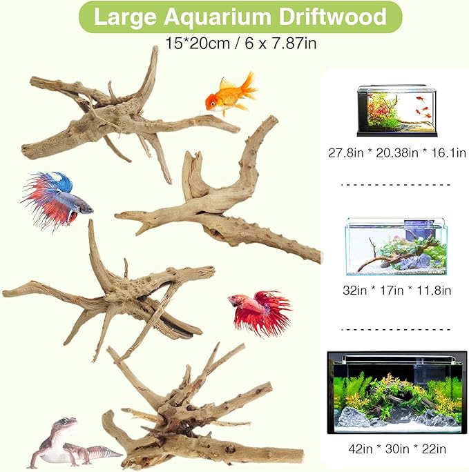 Tfwadmx Natural Driftwood for Aquarium, 6-8" 4 Pcs Wood Aquarium Decorations Fish Tank Log Reptile Tree Branches, Assorted Spider Wood Branch