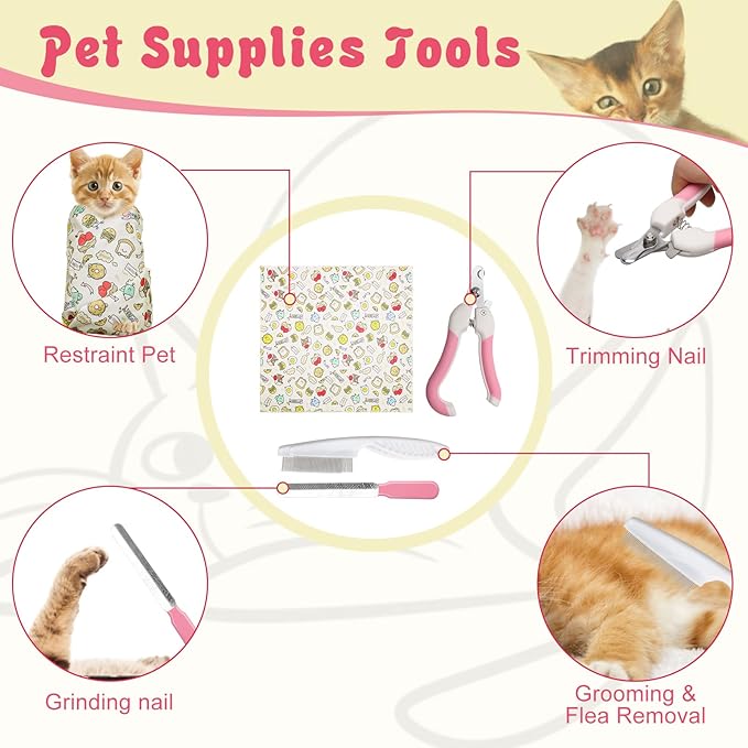 4p Cat Wrap for Cutting Nails Set, Self-Adhesive Cat Wrap Comfortable & Soft Cat Grooming Wrap Suitable for Many Cat Sizes Cat Burrito Wrap for Trimming Nails