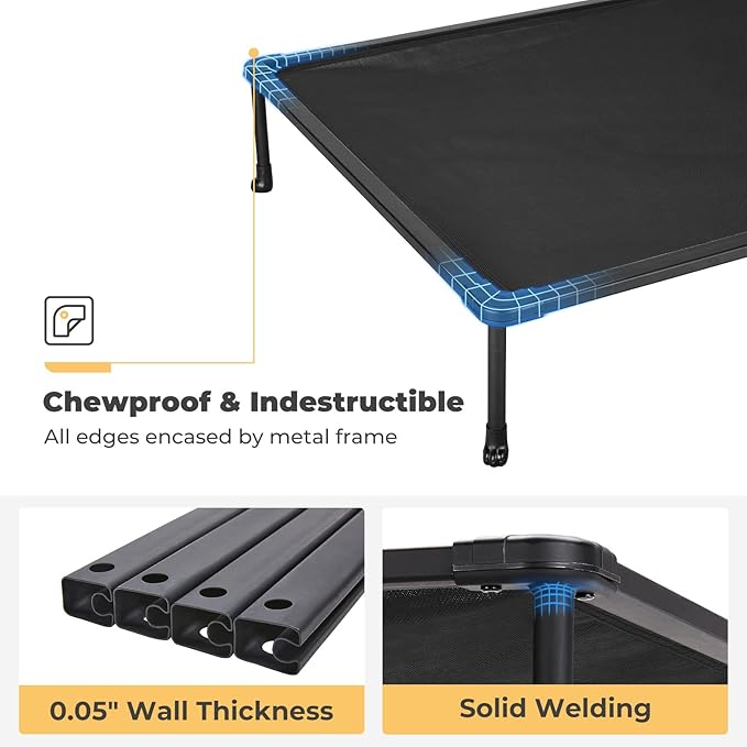 Veehoo Chewproof Elevated Dog Bed - Cooling Raised Pet Cot, Breathable Mesh, Washable & Non-Slip for Medium Dogs, Indoor/Outdoor, Black Mat and Black Frame, 32x25inches (Model CWC2203A03)