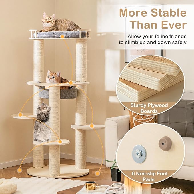 Tangkula Wood Cat Tree, 59 Inch Multi-Level Cat Tower with Top Padded Perch, Hammock, 3 Platforms & Sisal Scratching Posts, Large Modern Cat Tree Tower for Indoor Cats Kittens (59 Inch)