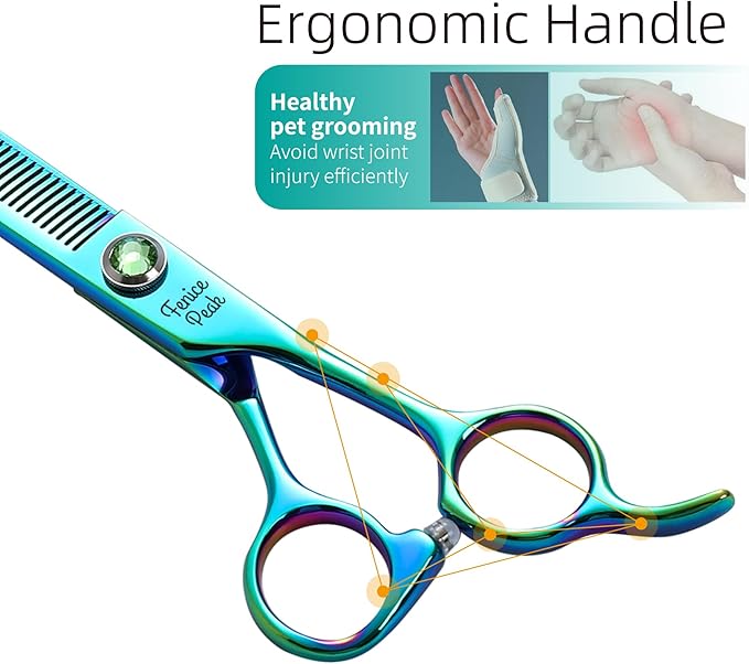 Fenice Peak 7'' Green Thinning Dog Grooming Scissors Pet Shears with Ergonomic Offest Handle and Simulated Emerald Screw 440C Grooming Scissors Trimming Shears Durable and Sharp