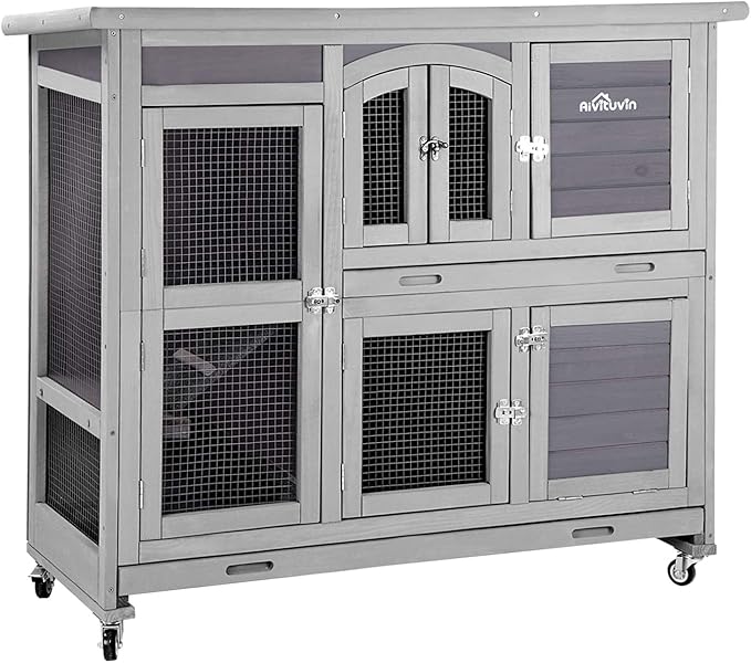 Aivituvin 47" Two Story Rabbit Hutch Bunny Cage with Wheels, Indoor Outdoor Guinea Pig Cage with 2 Deep No Leak Tray