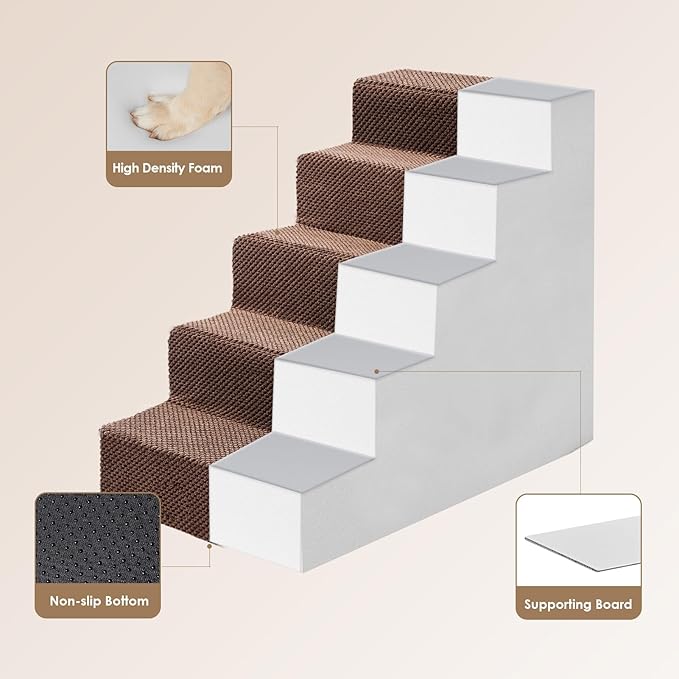 EHEYCIGA Dog Stairs for High Bed 22.5" H, 5-Step Dog Steps for Bed, Pet Steps for Small Dogs and Cats, Non-Slip Balanced Pet Ramp Indoor, Brown