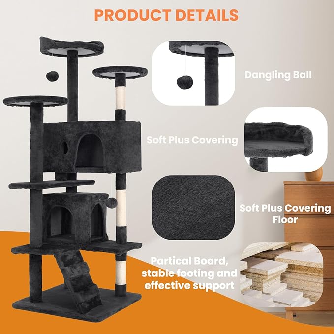 54.7 inches Cat Tower for Indoor Cats, Multi-Level Cat Condos with Scratching Posts, Hanging Toys, Dark Gray