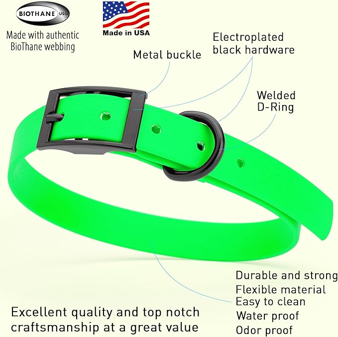 Dogline Biothane Waterproof Dog Collar Strong Coated Nylon Webbing with Black Hardware Odor- Proof for Easy Care Easy to Clean High Performance Fits Small Medium or Large Dogs, Tropical Green
