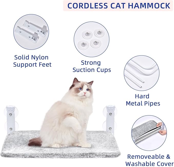 pettycare Cat Window Perch, Cordless Cat Window Hammock Bed with 4 Strong Suction Cups, Foldable Kitten Balcony Seat for Inside Hold Up to 40lbs, Solid Metal Frame and Soft Reversible 2 Fabrics Cover