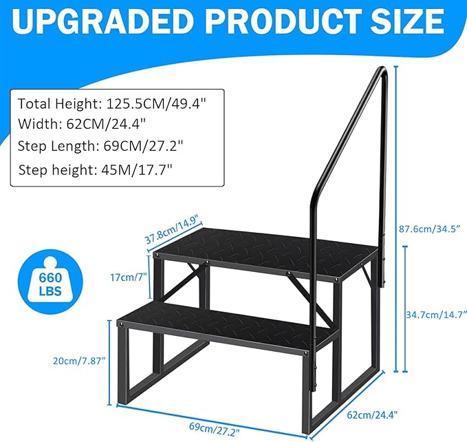 RV Steps with Handrail, 2 Steps Ladder Hot Tub Steps with Handrail, Portable Mobile Home Stairs Outdoor RV Stairs for 5th Wheel RVs