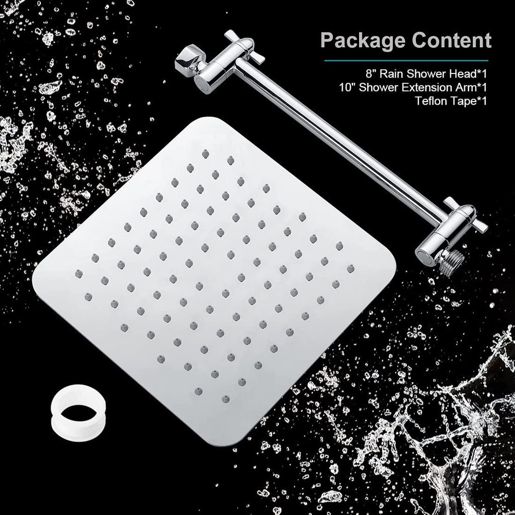8 Inch Square Rainfall Showerhead with 10 Inch Adjustable Extension Arm