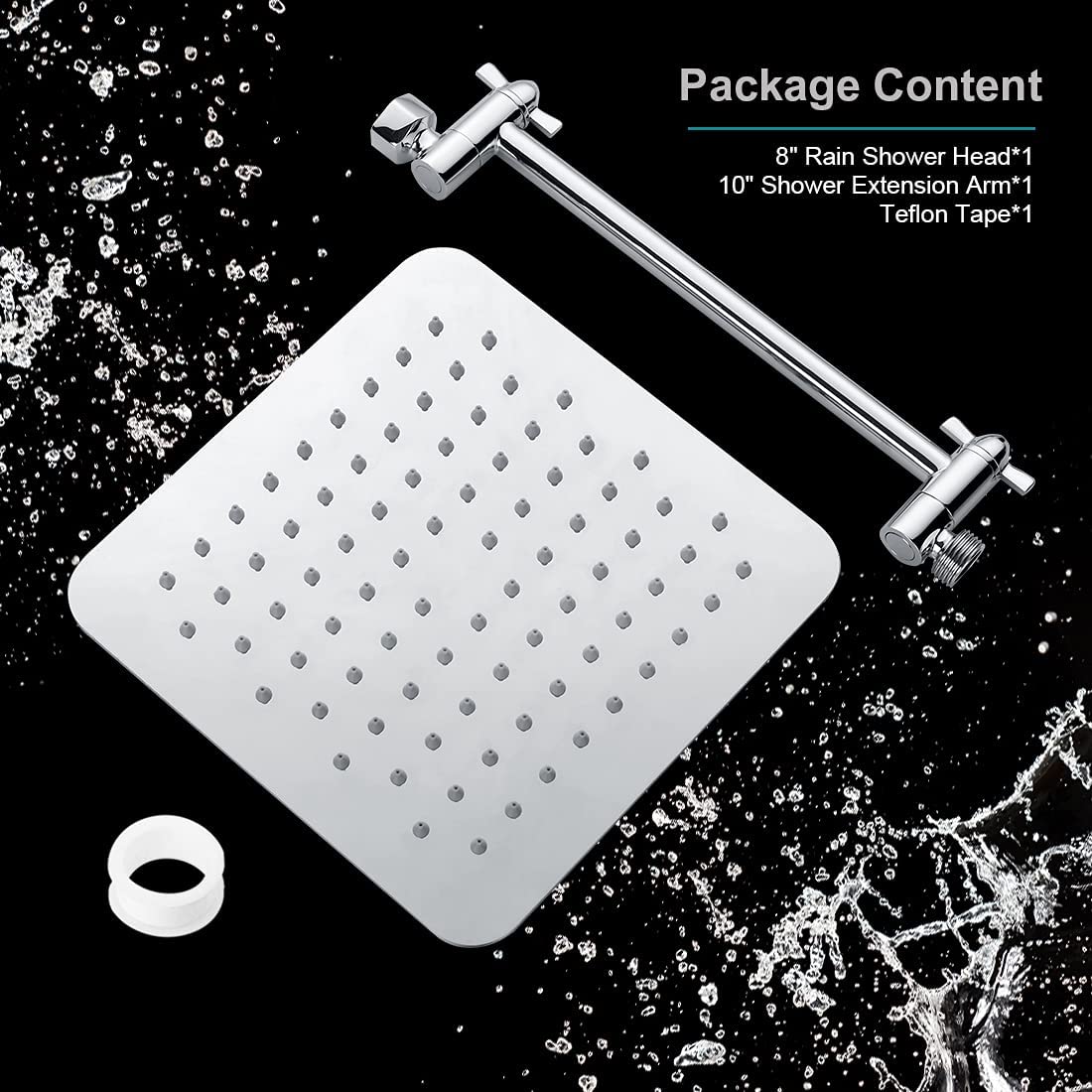 8 Inch Square Rainfall Showerhead with 10 Inch Adjustable Extension Arm