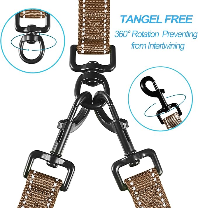 PetBonus Double Dog Leash, No Tangle Dual Leash, Reflective Walking Training Lead, 4 Comfortable Padded Handles for 2 Dogs with Collapsible Bowl and Waste Bags (Brown, Large)