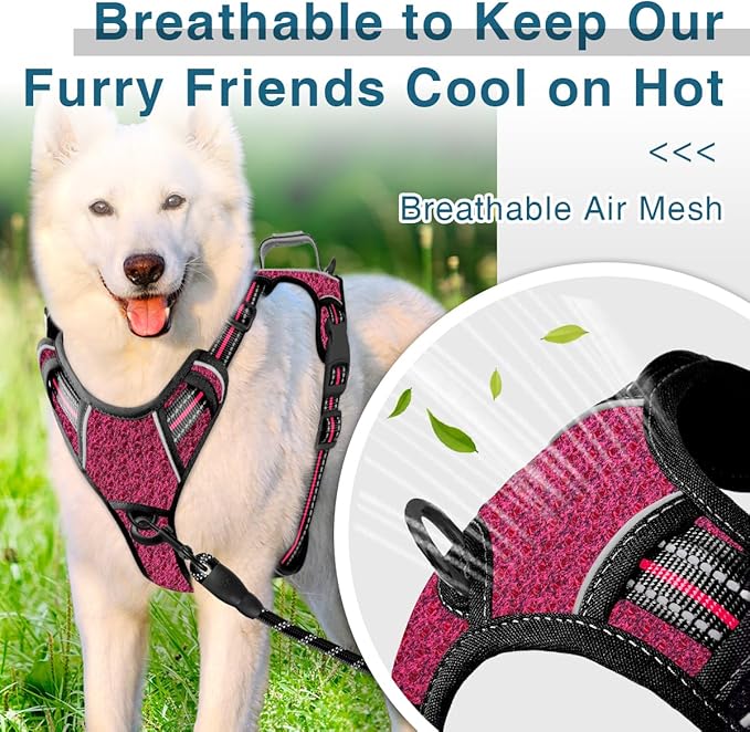 BARKBAY Dog Harness No Pull with ID Tag Pocket - Heavy Duty, Reflective, Easy Control for Large Dogs(Pink/Black,L)