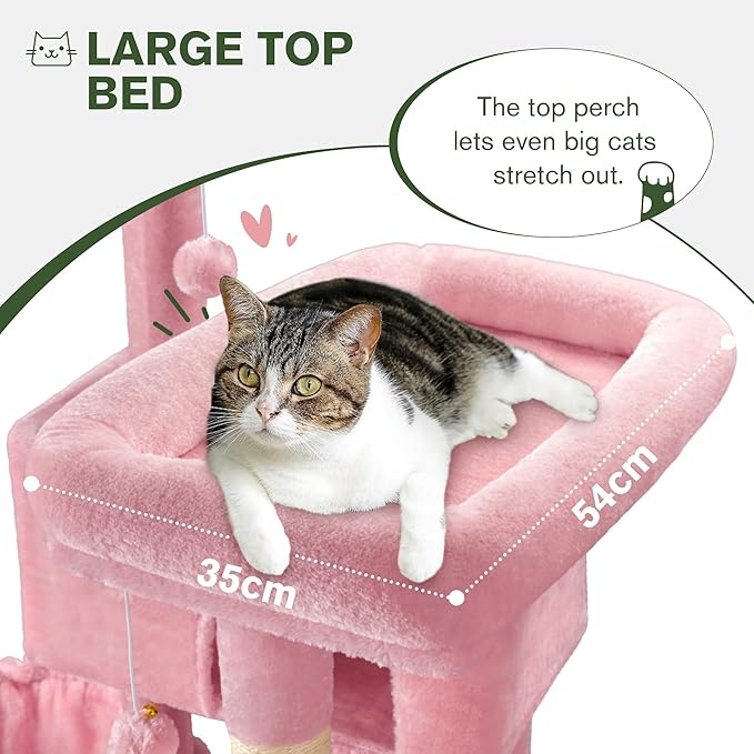 MUTICOR 66 Inches Multi-Level Large Cat Tree Tower for Indoor Big Feline/Cozy Plush Perches/Condo/Sisal Scratching Posts/Hammock and Baskets/Activity Center Play House/Wide Base/Pink