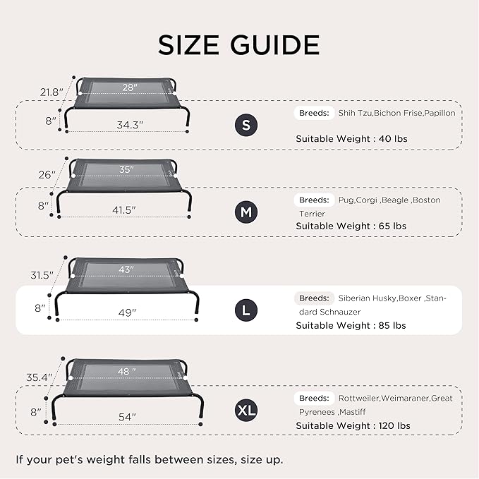 Bedsure Outdoor Elevated Dog Bed Medium Size Dog, Portable Indoor & Outdoor Cooling Raised Cot Pet Hammock Bed with Skid-Resistant Feet, Frame with Breathable Mesh, Grey, 43 inches